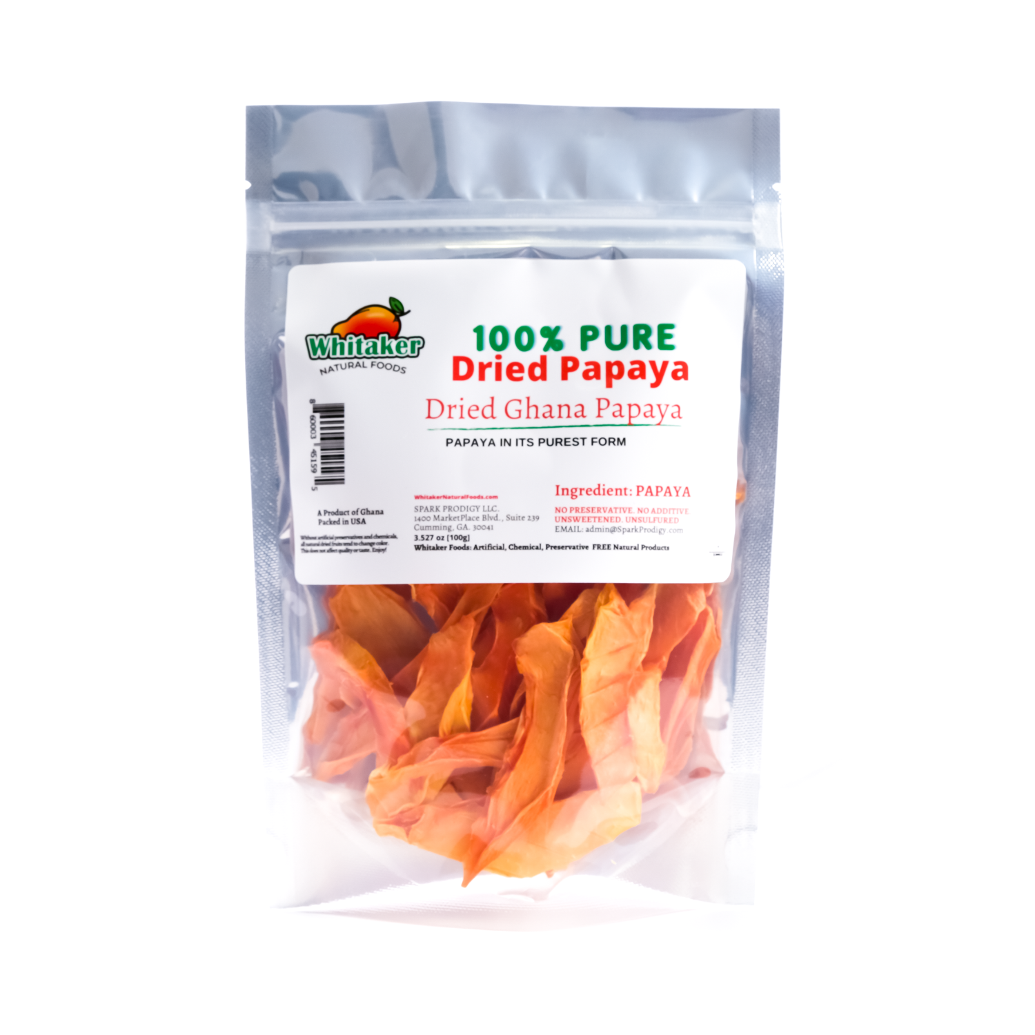 Whitaker Natural Foods | Dried Pure Ghana Papaya | No Sugar Added Healthy Snack